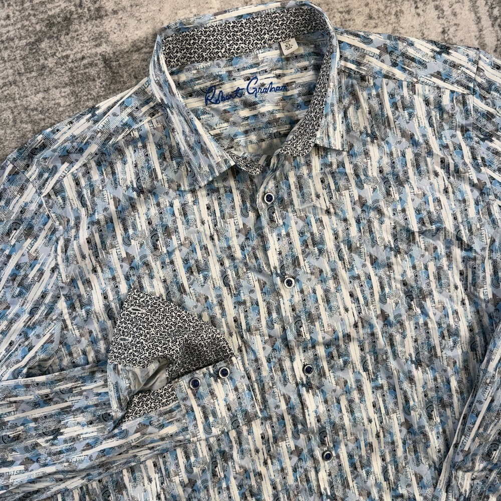 Robert Graham Shirt Mens XL Blue Abstract Stripes Geometric Flip Cuff Party Club